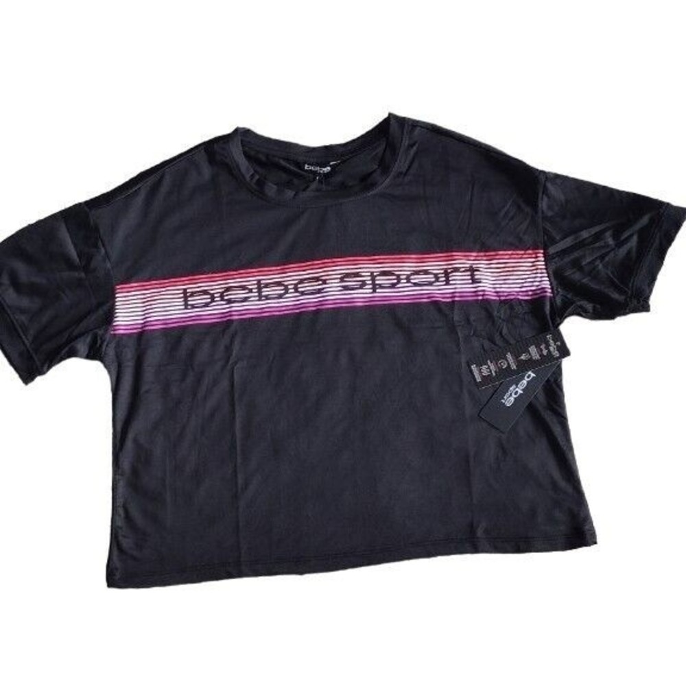 NEW! Bebe Sport Size XL Crop Top Women Activewear Black Color Stripe Logo